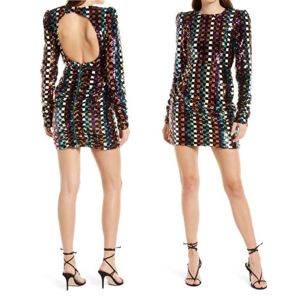 Amy Lynn Tango Sequin Mini Dress Open Back Muliticolor Check NYE Size Small - Picture 1 of 16